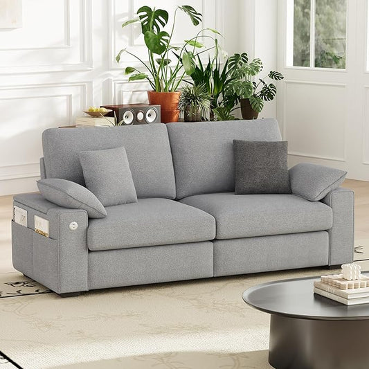 76" Loveseat Couch, 3 Seater Upholstered Midcentury Mondern Love Seat with USB Type C Ports, 4 Pillows and Storage Armrest Cloud Foam Sofa for Living Room/Small Spaces, Grey | Breathable material