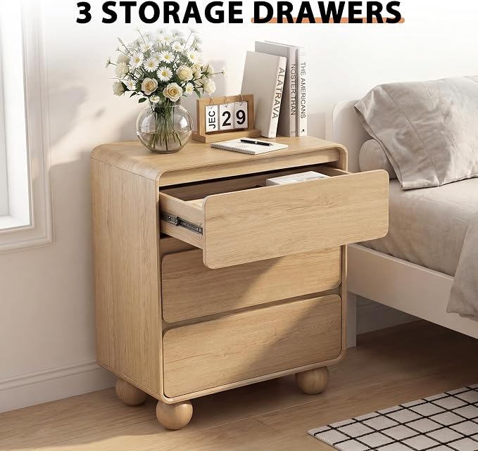 AVZEAR Wooden Night Stand wth 3 Drawer Dresser Mid Century Modern End Table Chest of Drawers, Solid Wood Legs & Curved Profile Design, Farmhouse Side Table for Living Room, Natural - Image 5