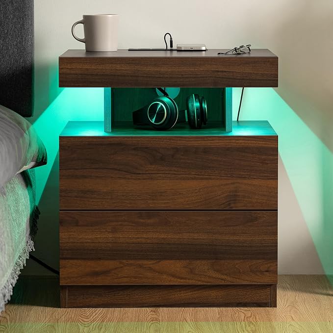 HOMMPA Nightstand with Charging Station and LED Light, Smart Nightstand with USB Port & Wireless Charging, Modern Night Stand with 2 Drawer, Rustic Beside Table for Bedroom, Walnut - Image 9