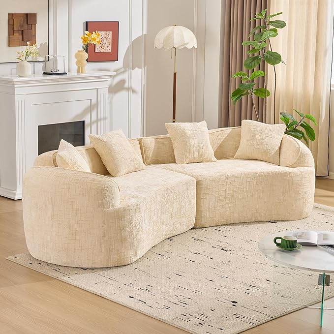 109-Inch Curved Boneless Sofa Couches Compressed 4-Seat Foam Couch for Living Room Bedroom, Boneless Modular Cloud Sofa Curved Floor Couch with 4 Pillows, No Assembly