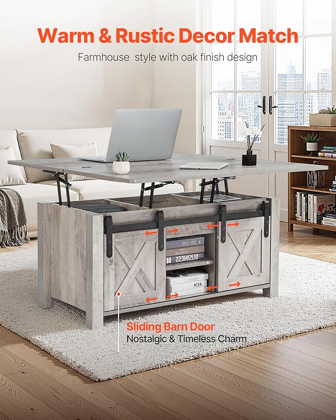 VEVOR 39.4 in Farmhouse Lift Top Coffee Table, Rustic Center Table with Barn Door and Hidden Storage Compartment, Modern Rectangle Lifting Tabletop for Living Room, Office, Home, Easy Assembly, Oak