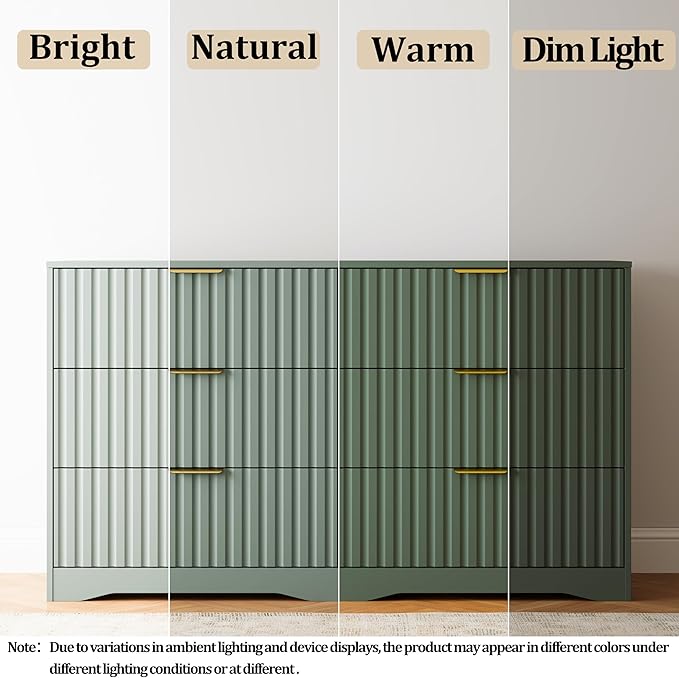 6 Drawer Dresser and Nightstand Sets for Bedroom, Modern Fluted 3 Pcs Bedroom Dresser Furniture Sets, Wood Chest of Drawers and Nightstand Set of 2 with Metal Handles, Green