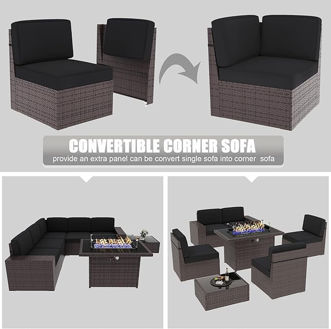 LayinSun 7 Pieces Outdoor Patio Furniture Set with 44" Fire Pit Table Brown Rattan Sectional Sofa Conversation Sets