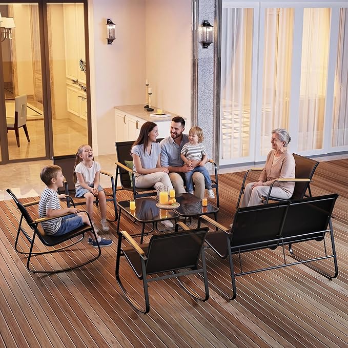 Ahomly 8-Piece Outdoor Patio Furniture Set, Textilene Conversation Set with Rocking Chairs, Loveseat, and Tempered Glass Coffee Table, for Lawn, Garden, Balcony, Poolside (Black)