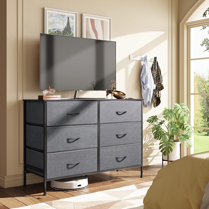WLIVE Dresser for Bedroom with 6 Drawers, Wide Dresser TV Stand for 50 Inches TV, Grey Dresser with Metal Frame, Wooden Top, Fabric Dressers for Bedroom, Living Room, Hallway, Dark Grey - Image 2