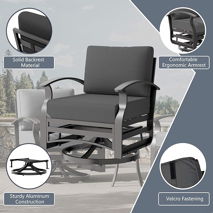 Aluminum Outdoor Patio Furniture Set,5 Pieces 5 Seats Metal Patio Sectional Furniture Set,Patio Conversation Sets with 45" Propane Fire Pit Table,Swivel Rocking Chairs Set,Black
