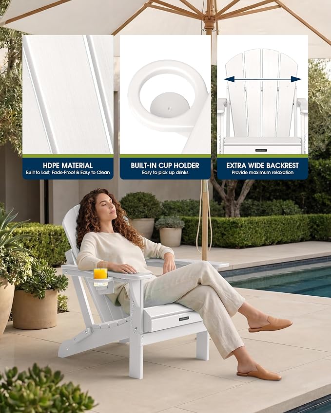 MUCHENGHY Folding Adirondack Chairs, Patio Chairs, Lawn Chairs, Outdoor Chairs, Adirondack Chair Plastic, Fire Pit Chairs, Weather Resistant with Cup Holder for Deck, Backyard, Garden(White) - Image 8