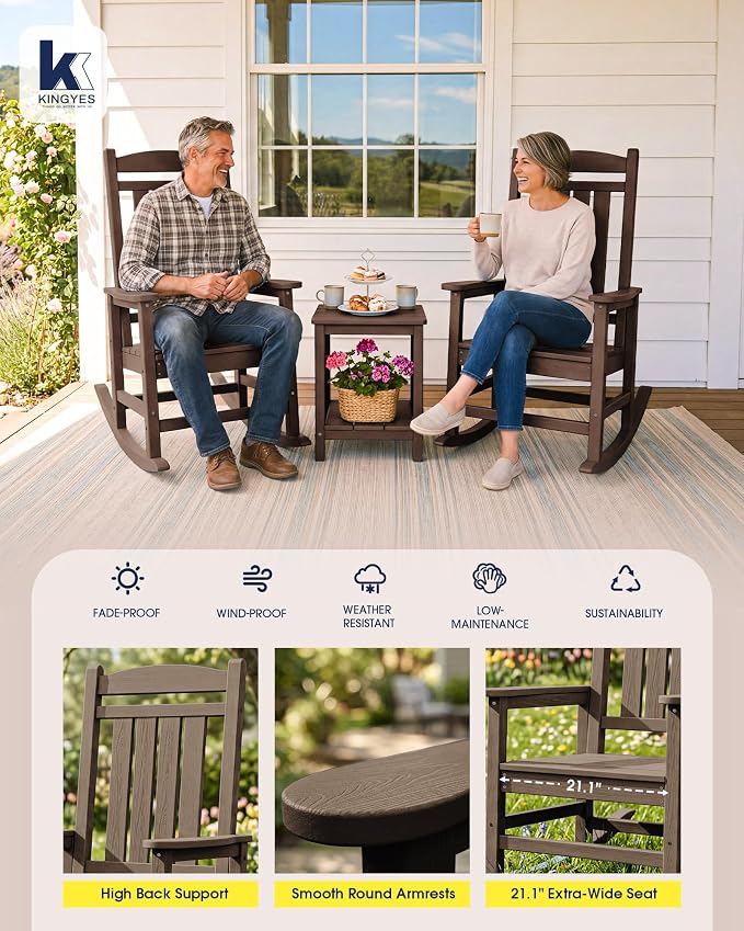 KINGYES Oversized Outdoor Rocking Chair Set 2, All Weather HDPE Patio Rocking Chairs for Adults, Coffee Brown - Image 6