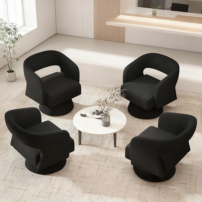 ClinQ Swivel Barrel Accent Chair, Oversized Teddy Upholstered Round Swivel Chairs Set of 4, Modern Luxury 360° Living Room Vanity Chair for Bedroom Office&Living Room, Black