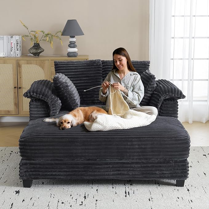 VINGLI Lounge Chair, 56" Oversized Reading Chair Corduroy Chaise Sofa Recliner Bed Upholstered Comfy Sleeper Couch with Throw Pillows and Armrests for Living Room, Movie Room, Bedroom