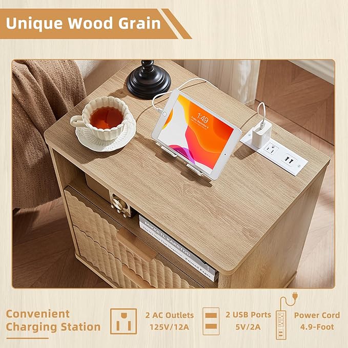 LEYAOYAO Fluted Dresser and Nightstand Sets, Wood 48" Wide Dresser & 23" Night Stand with Charging Station, 2 Piece Bedroom Furniture Set, Chest of Drawers for Bedroom, Home, Living Room, Natural