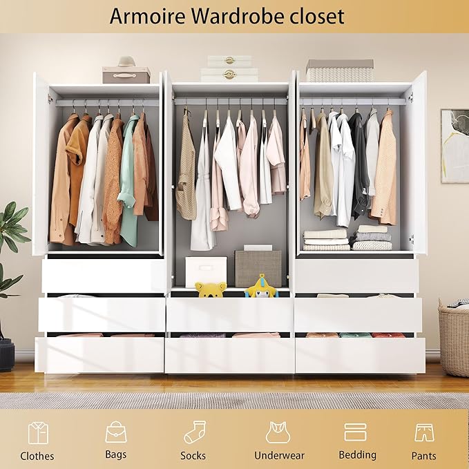 Wardrobe Closet with 6 Doors: 75" White Armoire with 8 Drawers, Wooden Wardrobe for Hanging Clothes, Tall Storage Cabinet with Shelves and Hanging Rod (B+B+A, 94.5")