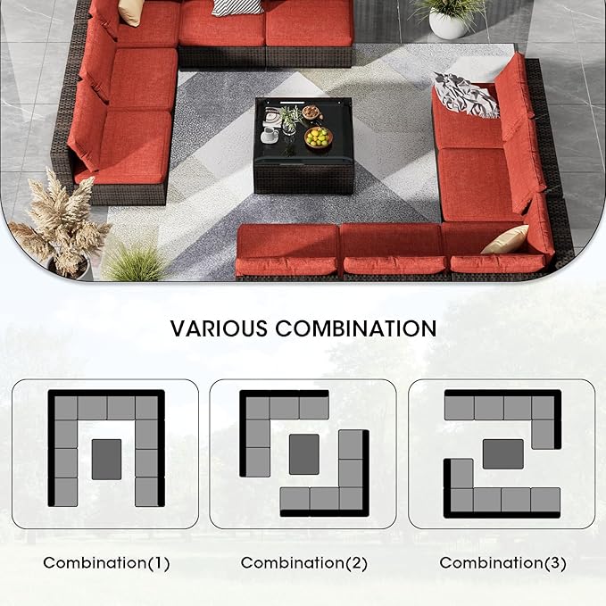 11 Piece Patio Furniture Set All Weather PE Rattan Outdoor Sectional Sofa Couch with No-Slip Cushions and Glass Top Table for Garden, Poolside, Backyard (Red)