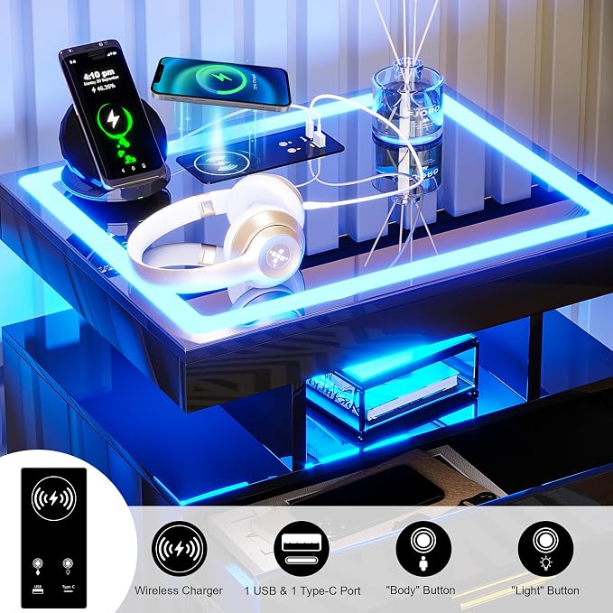 HNEBC LED Nightstand with Charging Station (USB,Type-C Ports) High Gloss Bedside Table with 2 Drawers, Smart Night Stand with Auto Sensor Lights,Modern Bed Side Table for Bedroom (Black) - Image 3