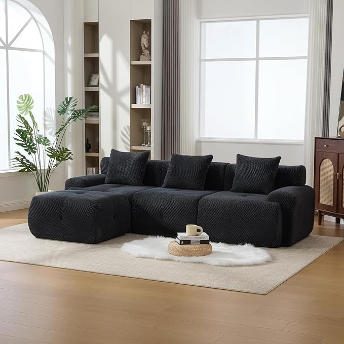 104" L-Shaped Compressed Sectional Cloud Sofa, Flannel Upholstered Modular Tufted Sofa with 4 Pieces, Modern Floor Boneless Foam Modular Cloud Couches for Living Room