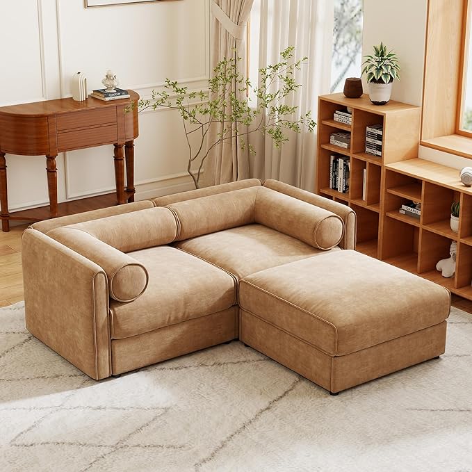 KEIKI 76" Modular Loveseat Chenille Sectional Sofa with Storage Seat and 1 Ottoman, Modern Style 2-Seater Couch with Cylindrical Backrest and Armrests, Easy Assembly, for Apartment, Living Room, Camel