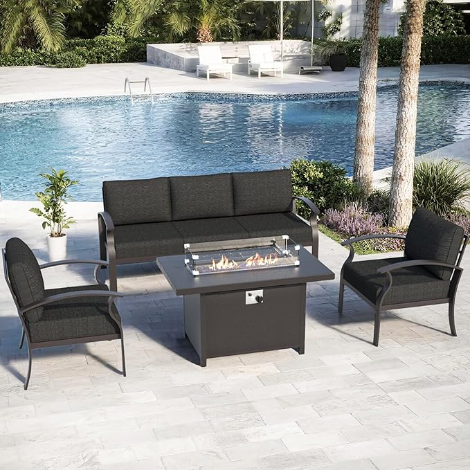 ALAULM Aluminum Patio Furniture Set with Propane Fire Pit Table 5-seat Metal Outdoor Furniture w/Fire Pit Sectional Sofas w/5.1" Cushions for Patio, Backyard, Poolside-Black