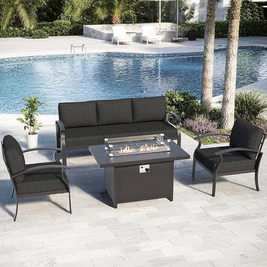 ALAULM Aluminum Patio Furniture Set with Propane Fire Pit Table 5-seat Metal Outdoor Furniture w/Fire Pit Sectional Sofas w/5.1" Cushions for Patio, Backyard, Poolside-Black