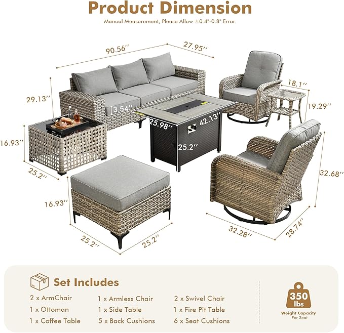 Patio Furniture Set,9 Pieces Outdoor Wicker Conversation Sets with 42 in Fire Pit Table,2 Wicker Rocking Chair & Coffee Table,Outdoor Sectional Sofa for Balcony Backyard Poolside Garden Lawn(Gray)