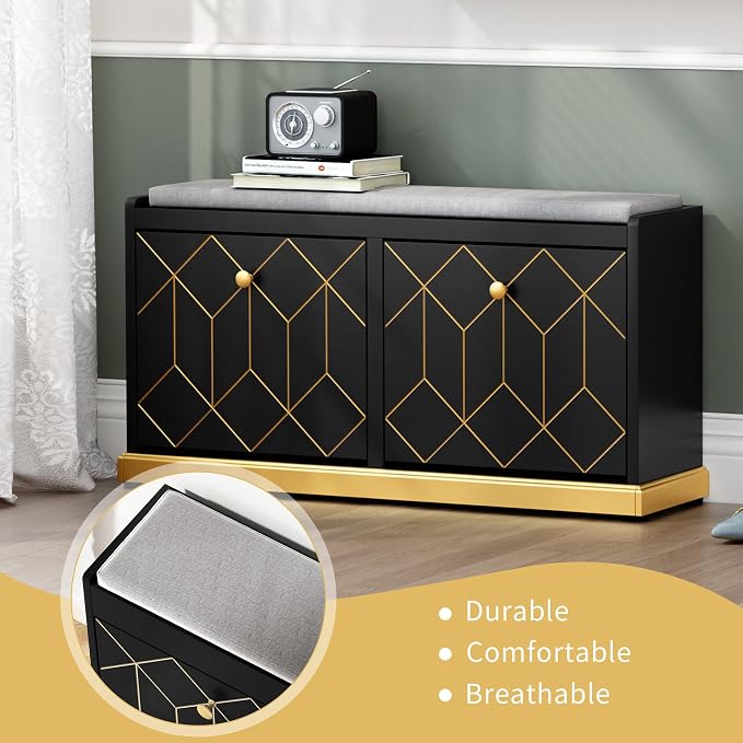 HLR Modern Shoe Bench with Storage, Entryway Bench with 2 Flip Drawer & Padded Cushion Seat, Shoes Storage Bench for Hallway, Closet, Living Room, Black Shoe Storage Cabinet with Bench - Image 7