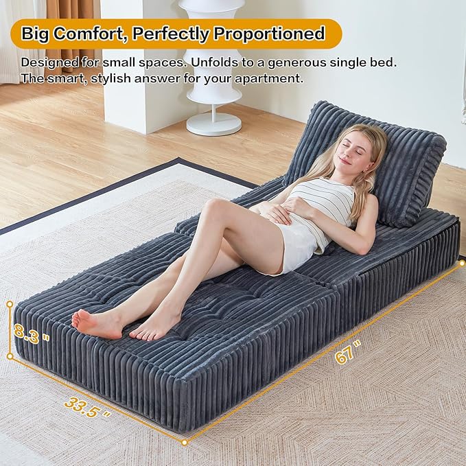 Folding Sofa Chair, Foldable Floor Sofa Bed with Corduroy, Convertible Sleeper Chair Single, Portable Fold Out Chair Bed for Adults, Folding Futon Mattress for Small Spaces, Apartments