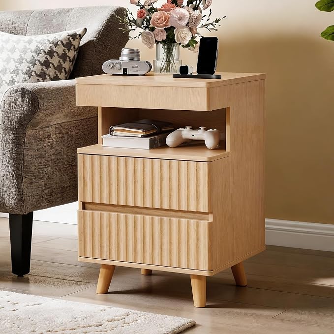 Eifizek Fluted Nightstand with LED Light & Charging Station, Modern Bed Side Table with 2 Storage Drawers & Open Shelf, Wooden End Table with Concealed Drawer for Bedroom, Living Room, Oak - Image 8