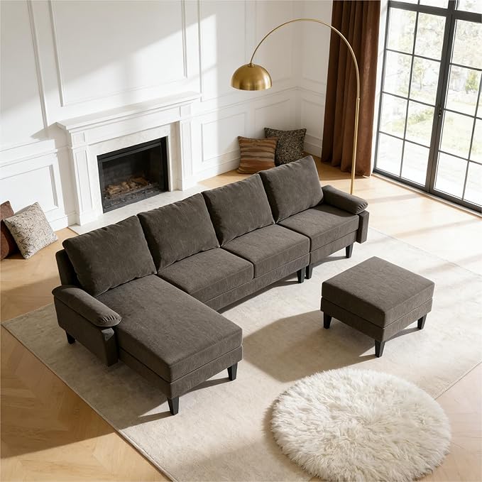 Modern L-Shaped Sectional Sofa with Storage Ottoman, Apartment Sectional Couch with Left Facing Chaise, 3-Piece Living Room Sofa Set, 115 Inch Furniture, Brown
