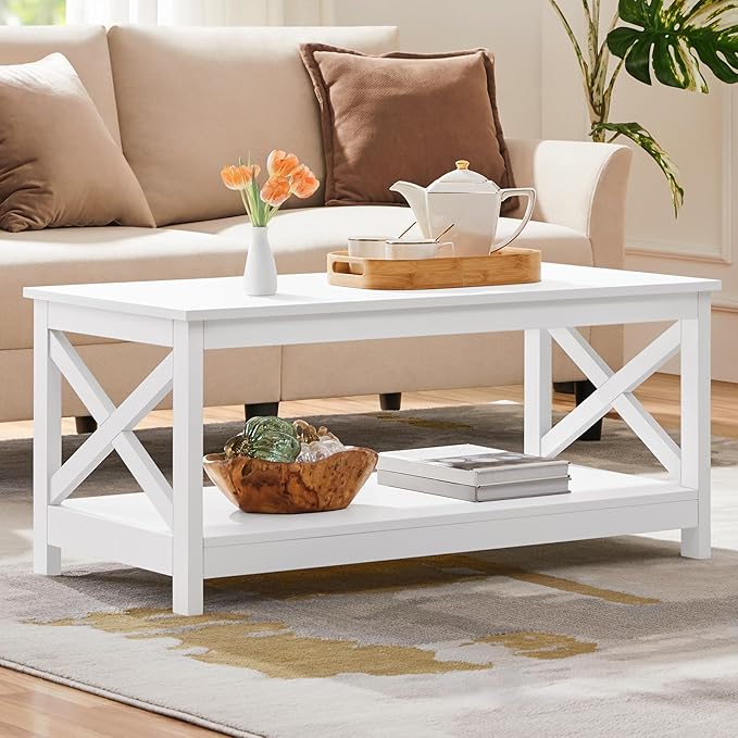Yaheetech Wood 2-Tier White Coffee Table with Storage Shelf for Living Room, X Design Accent Cocktail Table, Simple Design Home Furniture, 39.5 x 20 x 18 Inches