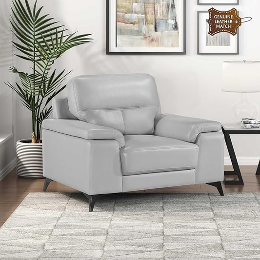 Lexicon Leather Chair, Oversized Seat, Top Grain Leather Lounge Chair, Modern Sofa Arm Chair for Living Room, Bedroom, Office, Apartment, Armchair, Silver Gray