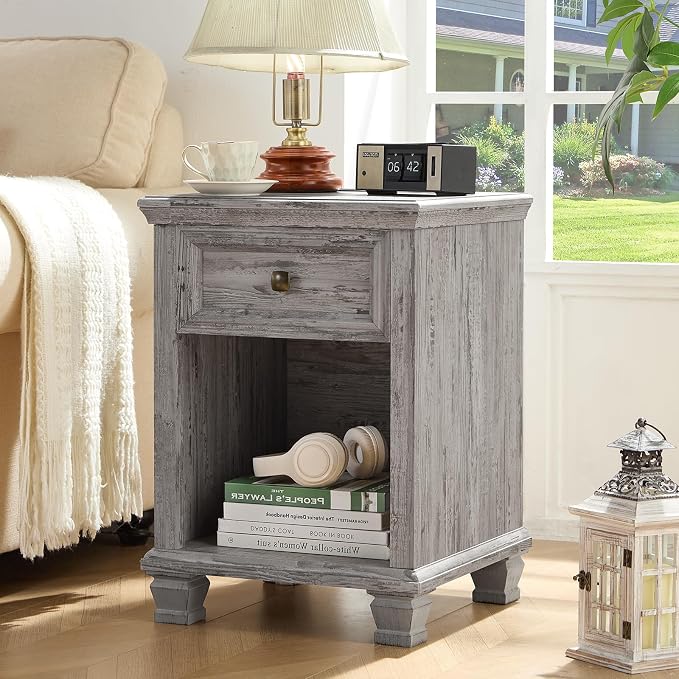 SAVOR LIFE Farmhouse End Tables Living Room Set of 2, Rustic Wood Nightstand with 1 Drawer, Bedside Table with Open Shelf for Bed Room, Side Table for Living Room, Grey - Image 4