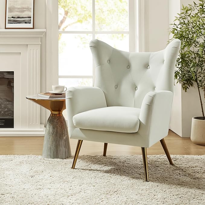 HULALA HOME Velvet Accent Chair Set of 2, Modern Wingback Arm Chair with Metal Gold Legs, Velvet Tufted Upholstered Single Sofa(Ivory)