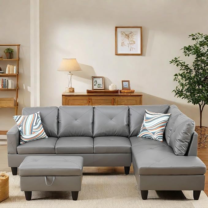 FONTOI L Shaped Sectional Couch with Otttoman, 97" Leather Sectional Sofa for Living Room Modular Couches with Cup Holders for Bedroom, Apartments, Dark Grey