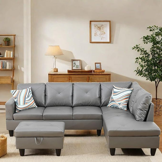 FONTOI L Shaped Sectional Couch with Otttoman, 97" Leather Sectional Sofa for Living Room Modular Couches with Cup Holders for Bedroom, Apartments, Dark Grey