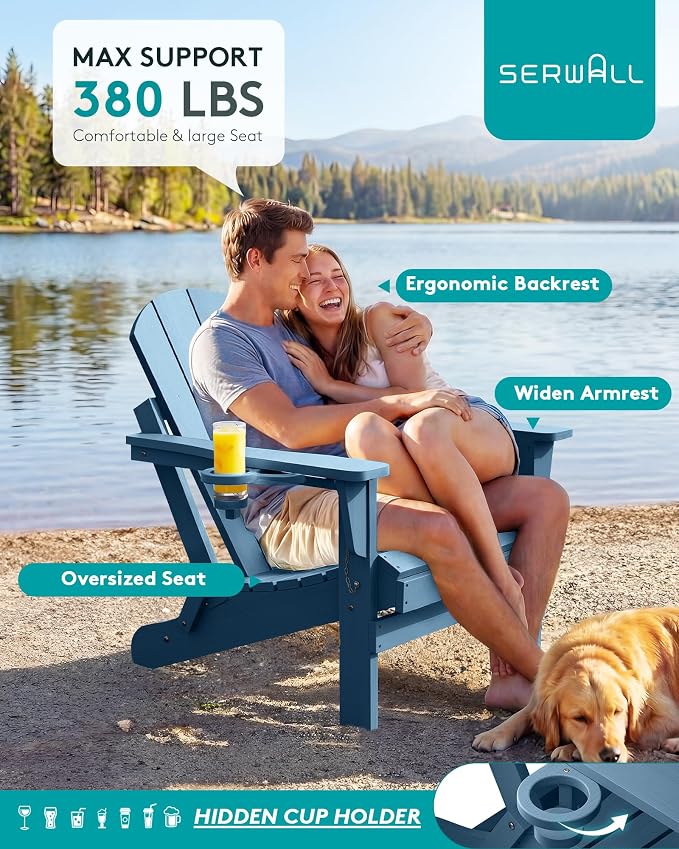 SERWALL Folding Adirondack Chair with Cup Holder Set of 4, Weather Resistant HIPS Patio Chairs, Wooden Textured, Fire Pit Chairs for Garden Outdoors Fire Pit - Blue - Image 6