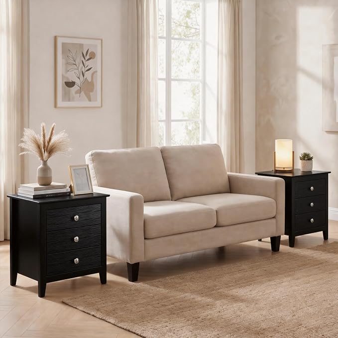 KOMFOTT Modern Farmhouse Nightstand with 3 Drawers, Bedside Table with Wood Grain Fronts & Sleek Knobs, Wooden End Table Sofa Side Table for Bedroom Small Spaces (Black,1) - Image 9