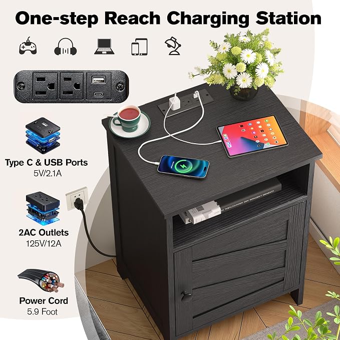 Night Stand with Charging Station, Farmhouse Nightstand with Open Shelf, Bedside Table with Enclosed Cabinet, Wooden End Table with USB Ports & Outlets for Bedroom - Image 4