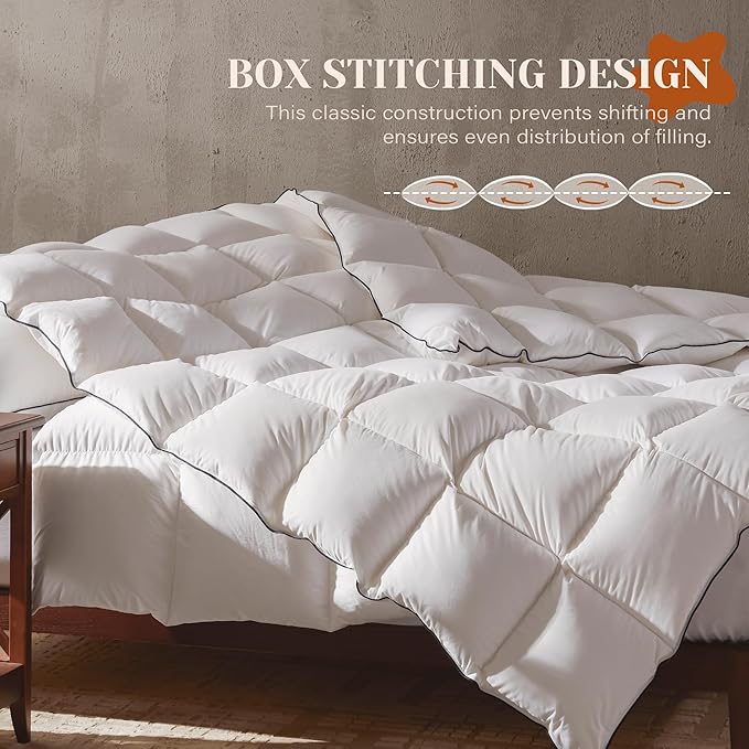 Goose Feather Down Fiber Cotton Comforter Queen Size, Ultra-Soft Duvet Insert, Hotel Collection White Quilted Comforter, All Season Bedding Comforter with 8 Corner Loops, 90x90 Inch