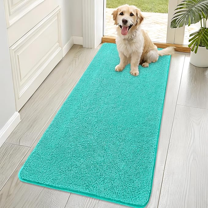 OLANLY Dog Door Mat for Muddy Paws 70x32, Absorbs Moisture and Dirt, Absorbent Non-Slip Washable Doormat, Quick Dry Chenille Mud Mat for Dogs, Entry Indoor Entryway Carpet for Inside Floor, Teal by OLANLY