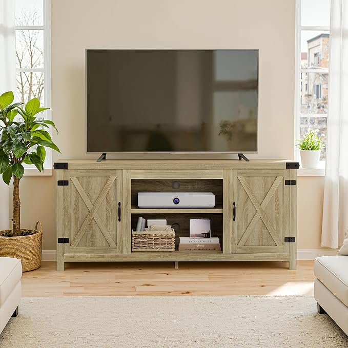YESHOMY Modern Farmhouse TV Stand with Two Barn Doors and Storage Cabinets for Televisions up to 65+ Inch,Entertainment Center Console Table,Media Furniture for Living Room,Yellow Oak - Image 3