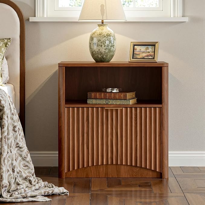 Evermagin Fluted Nightstand Set of 2, Walnut Bedside Table with Drawer and Storage, Wood End Table Mid Century Modern, Large Night Stand for Bedroom - Image 5