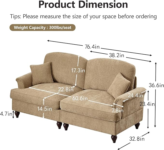 KEIKI Mid Century Modular Sofa with Flared Arms and Skirted Design, 76" Loveseat Chenille Sectional Couches for Living Room, Comfy Apartment Size Couch, Home Sofa Bedroom Furniture, Light Coffee