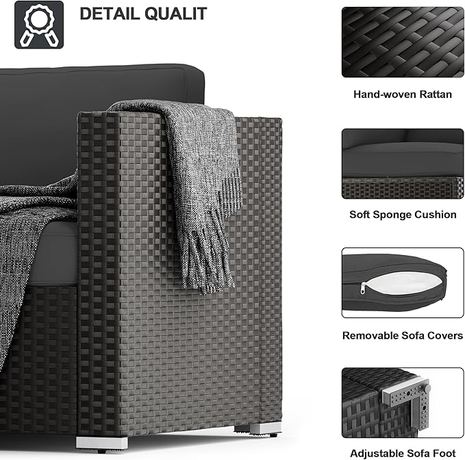 SUNCROWN 7-Piece Outdoor Patio Furniture Sofa Set All-Weather Black Wicker Sectional Conversation Set with Modern Glass Coffee Table and Cushions, Backyard, Garden, Poolside, Grey