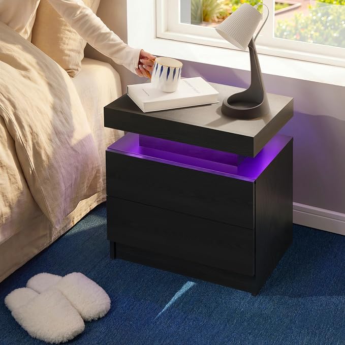 i-aplus LED Night Stand Black Nightstand with 2 Drawers Modern Beside Table for Bedroom Side Bed Table with LED Lights - Image 5