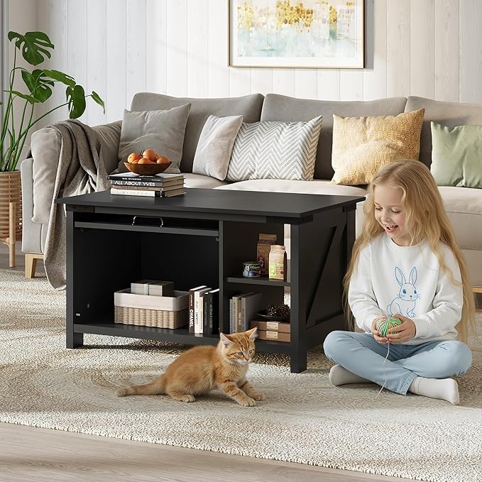 WLIVE Coffee Table with Storage, Modern Coffee Table with Flip-up Door, 2-in-1 Center Table Cat House Furniture for Living Room, Home, Black