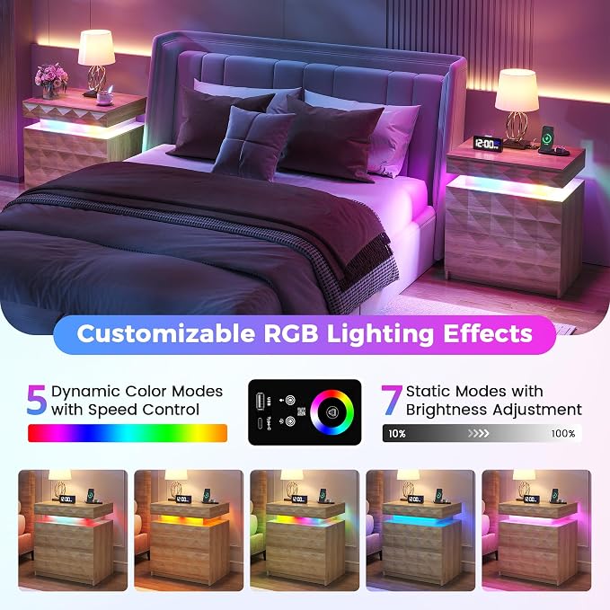 Dystler LED Nightstand with Charging Station,3 Drawers Night Stand with Lockable Hidden Storage,Smart Bedside Table with Human Sensor RGB Lights for Bedroom,Wood - Image 4