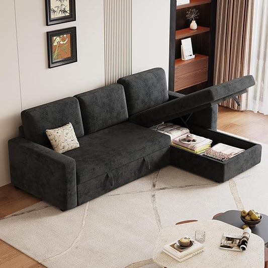 81.5" Convertible L Shaped Sleeper Sofa, 3-Seat Pull Out Sectional Couch with Storage Chaise & Removable Cushions, Chenille Fabric for Small Living Room Apartment, Dark Gray