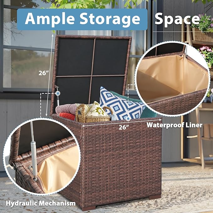 JOIVI 8 Pieces Rattan Patio Furniture Set with 45” Fire Pit Table, Outdoor Conversation Set with 50000 BTU Gas Fire Pit, Wicker Sectional Sofa with Storage Box and Cushions, Beige (Without Table)