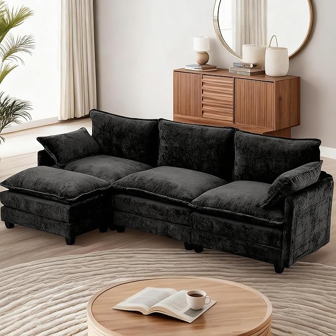 Modular Sectional Cloud Couch, 113" L Shaped Sectional Comfy Couchs for Living Room, 3 Seat Convertible Modular Sofa Couch with Ottomans for Living Room, Apartment, Black