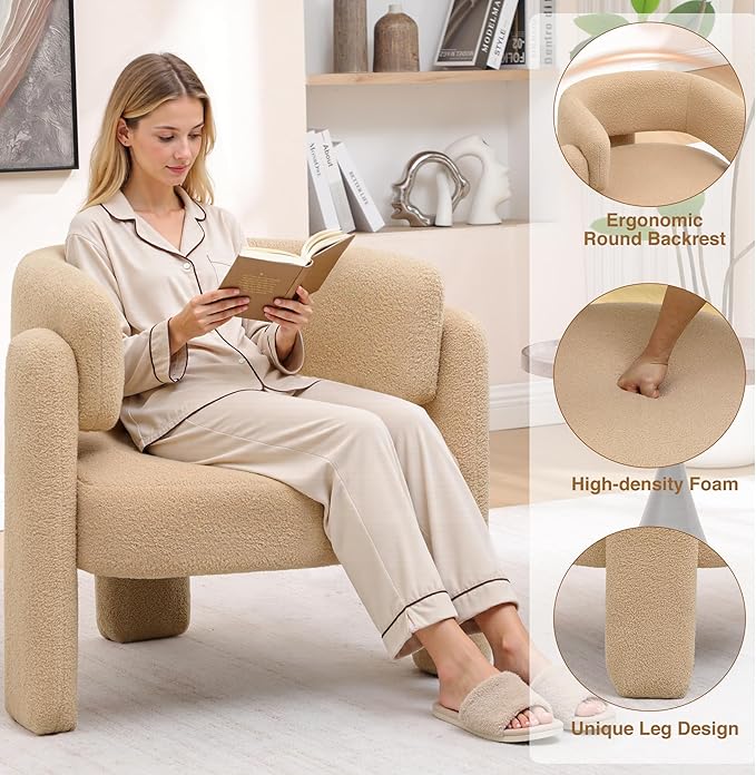 Accent Chair for Living Room, Modern Sherpa Barrel Chair, Upholstered Living Room Chairs with 3 Legs, Comfy Armchair Reading Side Chair for Bedroom, Office, Apartment, Khaki