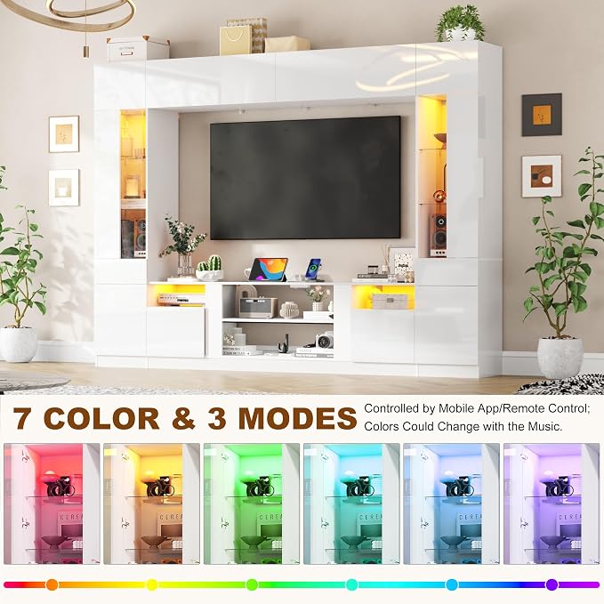 St.Mandyu 107" W Large Wall Unit TV Stand, Modern High Glossy Entertainment Center with Bookshelves and Storage, Media Console with LED Lights & Bridge Cabinet for TVs Up to 85", White - Image 3
